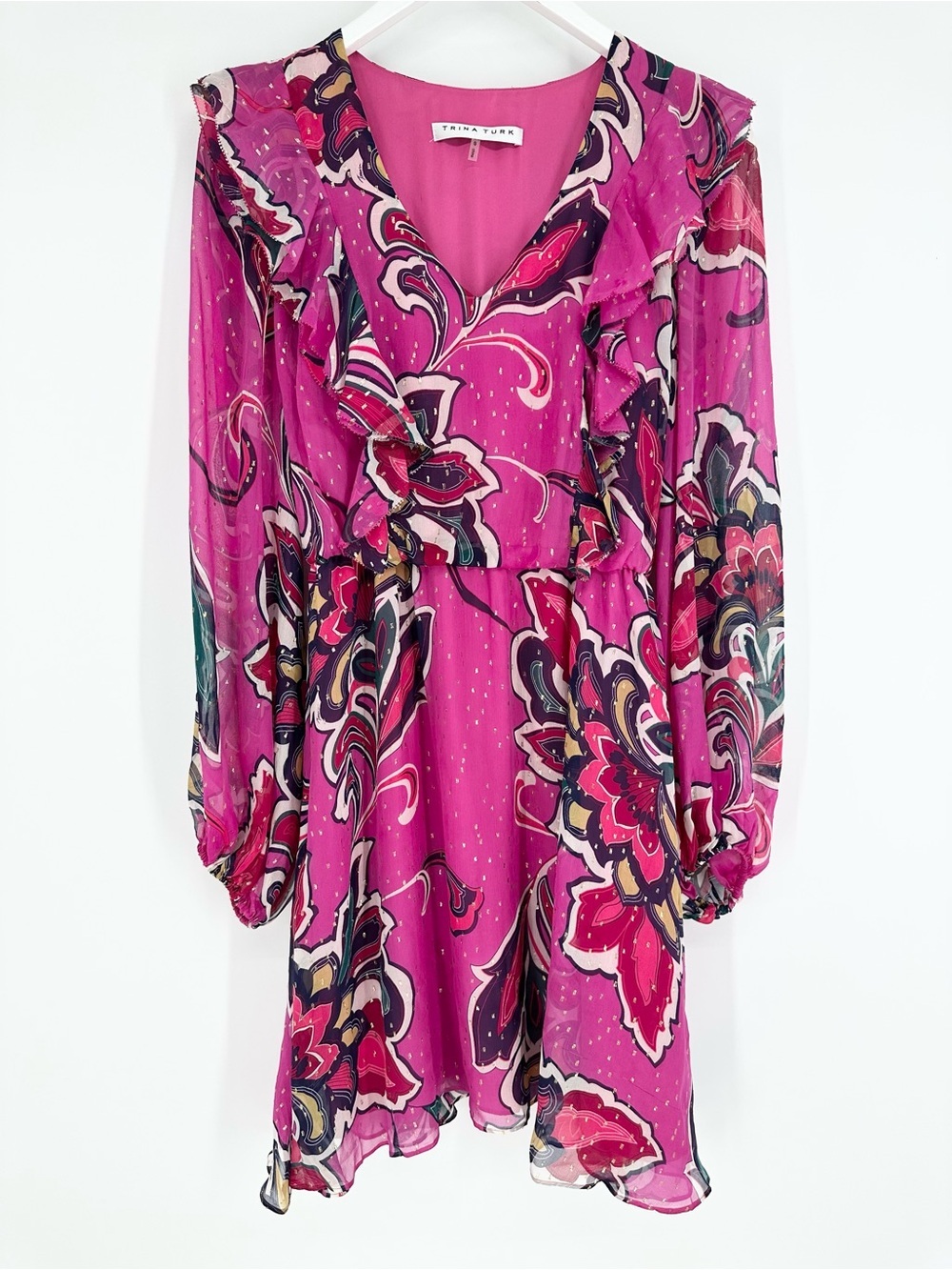 Trina Trina Turk Pink Saka Ruffled Floral-Print Mini Dress Silk Metallic